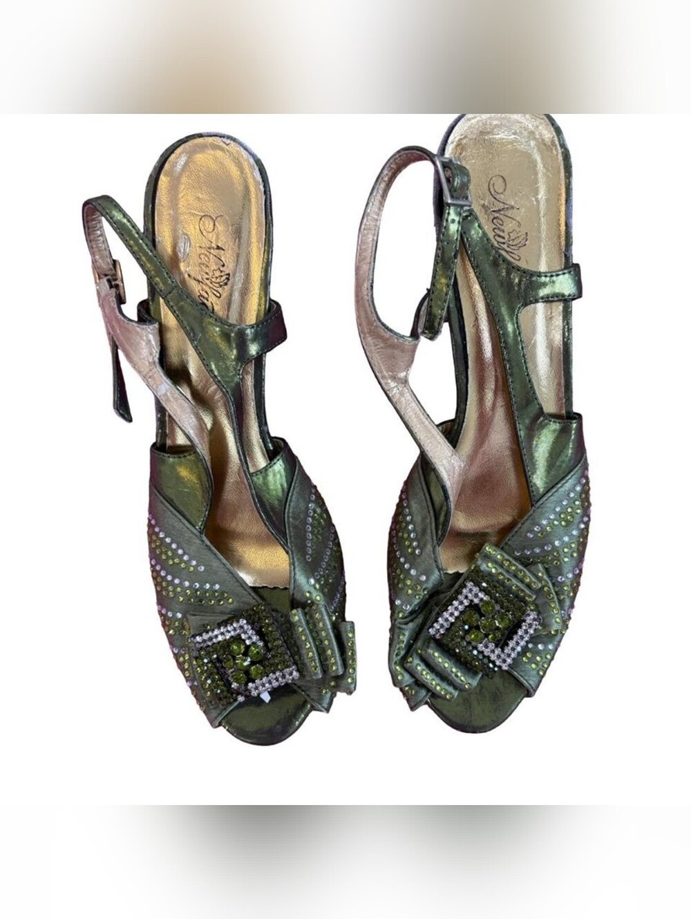 Newport Iridescent Green Crystal-Embellished Slingback Sandals